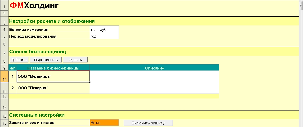 ФМХолдинг. Главное окно. ФМХолдинг. Главное окно. Список бизнес-единиц